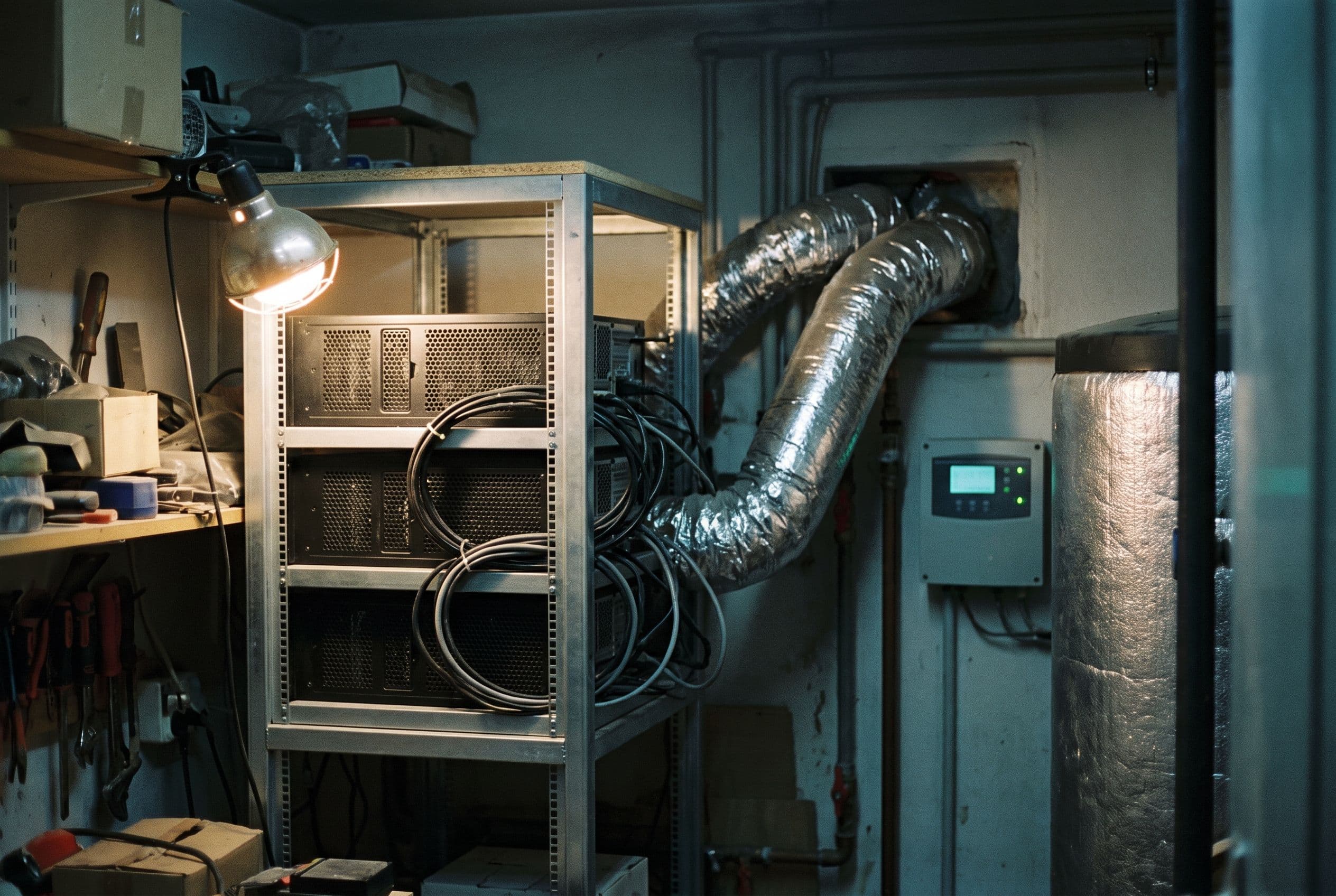 Regal mit Mining-Rechnern in einem Technikraum, daneben ein isolierter Warmluftkanal zur Heizung